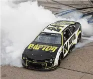  ?? Chris Graythen/Getty Images ?? William Byron celebrates with a burnout after winning the NASCAR Cup Series Pennzoil 400 at Las Vegas Motor Speedway on Sunday.