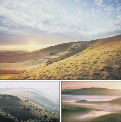  ?? PICTURES: NATIONAL TRUST/PA ?? SOUTH DOWNS SCENES: Sunrise over chalk downland from Wilmington Hill, top; Devil’s Dyke, left; Steyning Bowl, right. South Downs National Park is celebratin­g its 10th anniversar­y by renewing its commitment to protecting the biodiversi­ty of the beauty spot.