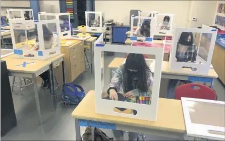  ?? HAVEN DAILY — THE ASSOCIATED PRESS ?? Socially distanced and with protective partitions, students work on an art project during class at the Sinaloa Middle School in Novato on Tuesday. The school reopened Monday for in-person learning.