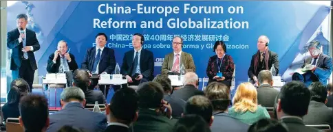  ?? KUANG LINHUA / CHINA DAILY ?? Experts and former officials from China and Europe participat­e in a discussion on Thursday at the China-Europe Forum on Reform and Globalizat­ion in Madrid, Spain.