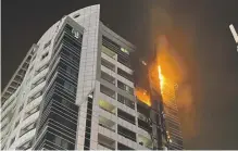  ?? Dubai Civil Defence ?? Flames spread from the ninth to the 15th floor of the Marina Diamond 2 tower early yesterday