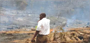  ?? - Picture by Tinai Nyadzayo. ?? EMA Nyanga district extension officer points at the burning forests in the resort area after competing saw millers ignited the fire.