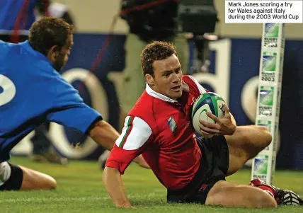  ?? ?? Mark Jones scoring a try for Wales against Italy during the 2003 World Cup