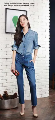  ??  ?? Doing double denim. Denim shirt; and pants, both from DKNY Jeans