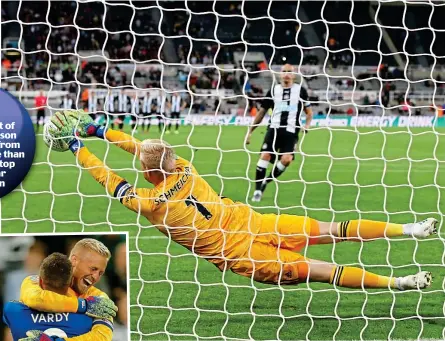  ?? GETTY IMAGES/ACTION IMAGES ?? Penalty king: Kasper Schmeichel saves from Jonjo Shelvey and (inset) celebrates after Jamie Vardy’s winning spot kick