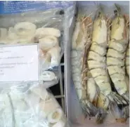  ?? AP PHOTO/STEVEN SENNE ?? Frozen shrimp, right, is displayed March 11 with other seafood in a freezer at India’s Marine Products Export Developmen­t Authority exhibit booth at the North American Seafood Expo in Boston.