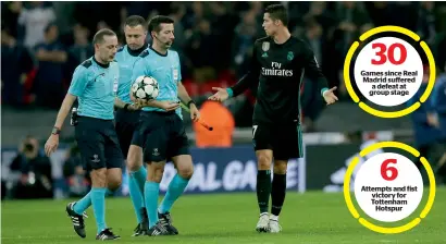  ?? AP ?? Games since Real Madrid suffered a defeat at group stage Attempts and fist victory for Tottenham Hotspur Cristiano Ronaldo (right) talks with referees during a Champions League match against Tottenham Hotspurs. — 30 6