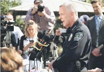  ?? — Reuters photo ?? Manley speaks during a news conference near the scene where a woman was injured in a package bomb explosion in Austin, Texas.