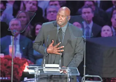  ?? ROBERT HANASHIRO/USA TODAY NETWORK ?? NBA legend Michael Jordan speaks at Monday’s Celebratio­n of Life for Kobe Bryant and daughter Gianna Bryant at Staples Center in Los Angeles.