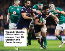  ??  ?? Tagged: Charles Ollivon tries to escape from CJ Stander and Conor Murray