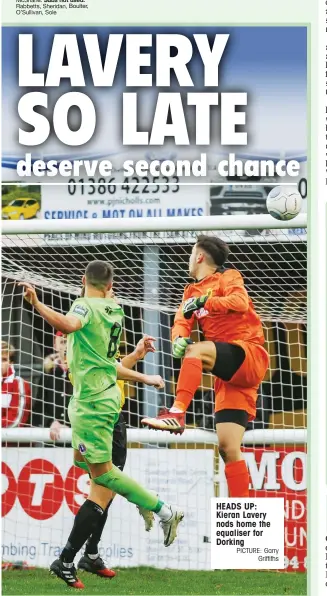  ?? PICTURE: Garry Griffiths ?? HEADS UP: Kieran Lavery nods home the equaliser for Dorking