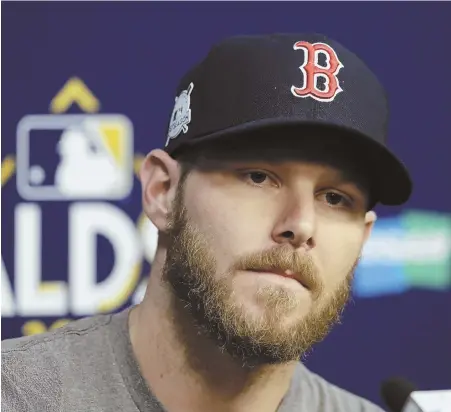  ?? AP PHOTO ?? ON THE SPOT: Red Sox Game 1 starter Chris Sale ponders a question at yesterday’s press conference in Houston.