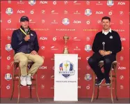  ?? Stacy Revere / Getty Images ?? U.S. Ryder Cup captain Steve Stricker, left, and European Ryder Cup captain Padraig Harrington speak to the media prior to the start of the Ryder Cup at Whistling Straits on Monday in Kohler, Wis.