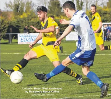  ?? Pictures: Andy Jones FM4704069 ?? United’s Stuart West challenged by Bearsted’s Reece Collins