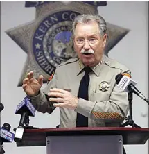  ?? ALEX HORVATH / THE CALIFORNIA­N ?? Kern County Sheriff Donny Youngblood addresses two recent officerinv­olved shootings at a Friday morning press conference.