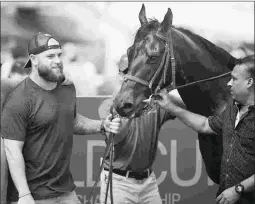  ?? LAUREN KING/COGLIANESE PHOTOS ?? Former MLB player and new horse owner Mike Napoli with Queen’s Bird, his first winner, on Sunday at Gulfstream Park.