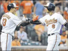  ?? GREG FIUME / GETTY IMAGES ?? Jonathan Schoop is greeted by Manny Machado after hitting a home run in the third inning. The Orioles added another home run in the fourth.