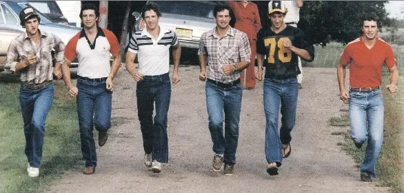  ??  ?? The famous Sutter brothers of Viking, Alta., run off their separate ways on a summer’s day in the early 1980s, headed eventually to their various NHL training camps. The brothers include, from left: Darryl, Duane, Ron, Brian, Rich and Brent. A seventh...