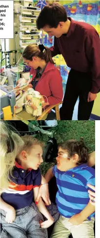  ??  ?? Right from top: Jonathan in intensive care aged three months with his mother and father Christophe­r in 2006; in the park with his best friend Will