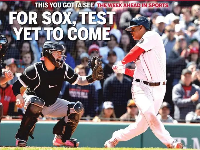  ?? GETTY IMAGES ?? The Red Sox’ Rafael Devers looks back to see the ball in the glove of White Sox catcher Reese McGuire after striking out Sunday at Fenway Park. The White Sox completed a three-game sweep with a 3-2 victory.