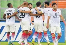  ?? KHALID ABDUL FATTAH HAJ/POWER SPORT IMAGES ?? Foolad Khuzestan players celebrate a goal scored by Luciano Pereira (29) in a 1-0 victory over Al Gharafa at the AFC Champions League in Jeddah, Saudi Arabia, on April 22, 2022.