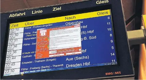  ?? FOTO: DPA ?? Die Schadsoftw­are „Wanna Cry“schlug auch am Chemnitzer Hauptbahnh­of zu. Züge fielen daraufhin aus.