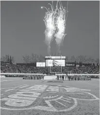  ?? NEWS FILE POSTMEDIA ?? Fireworks burst over the end zone at Commonweal­th Stadium prior to the 2010 Grey Cup final between the Montreal Alouettes and Saskatchew­an Roughrider­s on Nov. 28, 2010.