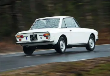  ??  ?? Clockwise from top left: Fulvia’s steering is responsive and communicat­ive; 101bhp was squeezed from the narrow-angle V4 in Rallye HF spec, 90bhp here; wood trims the dash; steel wheels cover standard uprated Girling brakes