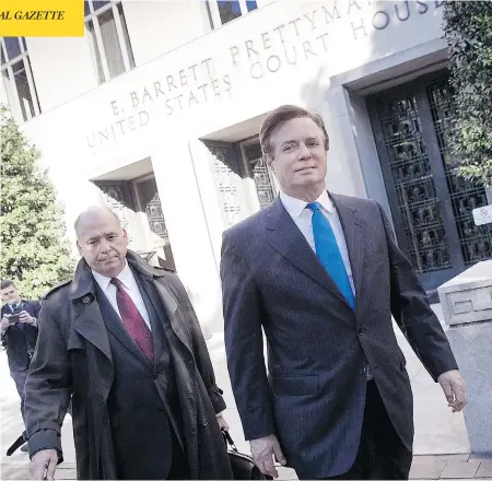  ?? WIN MCNAMEE/GETTY IMAGES ?? Paul Manafort, right, former campaign manager for President Donald Trump, leaves U.S. District Court in Washington on Monday after pleading not guilty on federal charges. Two others were also named in the first indictment­s of special prosecutor Robert...