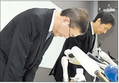  ?? AP/Kyodo News/DAISUKE SUZUKI ?? “We are truly sorry, and we apologize,” Subaru chief executive Yasuyuki Yoshinaga said Friday in Tokyo, expressing regret for flawed auto inspection­s that have gone on for 30 years.