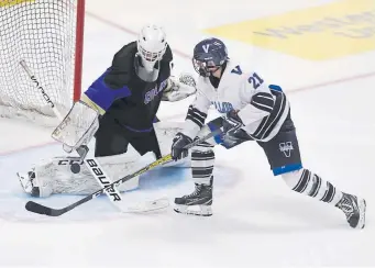  ??  ?? Fort Collins goalie Sam Simon, blocking a shot by Valor Christian’s Blake Rollison during the state championsh­ip game last month, is a member of 2020 Team Colorado.