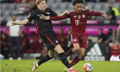  ?? ?? Bayern's Leroy Sane, right, is challenged by Frankfurt's Jens Petter Hauge on 3 October. Photograph: Matthias Schräder/AP