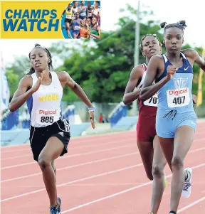  ?? IAN ALLEN/PHOTOGRAPH­ER ?? Cemore Donald (right) of Edwin Allen High winning the Class Two girls 800 metres ahead of Charokee Young (left) of Hydel High and Britney Campbell (centre) of Holmwood Technical on the final day of Central Champs 2017 which was held at G.C. Foster...