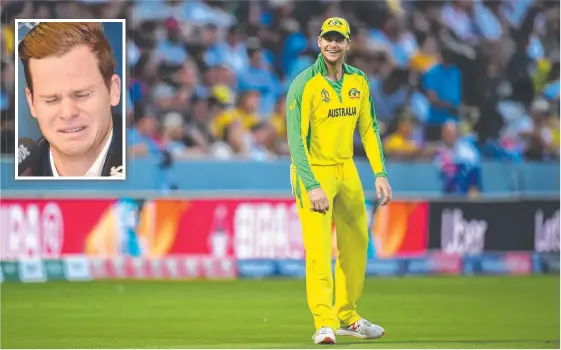  ?? Picture: GETTY IMAGES ?? Steve Smith cuts a relaxed figure at the World Cup, a far cry from the pain in the aftermath of the sandpaper scandal (inset).