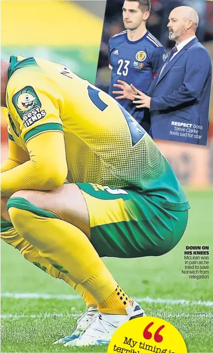  ?? ?? RESPEC
T boss Steve Clarke feels sad for star
DOWN ON HIS KNEES McLean was in pain as he tried to save Norwich from relegation