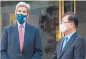  ?? U.S. EMBASSY SEOUL ?? U.S. climate envoy John Kerry, left, talks Saturday with South Korean Foreign Minister Chung Eui-yong ahead of a banquet at Chung’s residence in Seoul, South Korea.