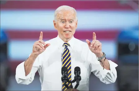  ?? MATT ROURKE — THE ASSOCIATED PRESS ?? President Joe Biden speaks July 28 during a visit to the Lehigh Valley operations facility for Mack Trucks in Macungie, Pa.
