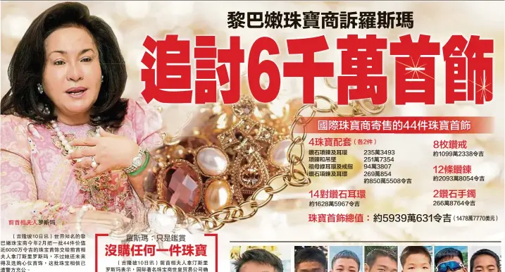  ??  ?? 前首相夫人羅斯瑪珠寶­首飾總值：約5939萬631令­吉（1478萬7770美­元）