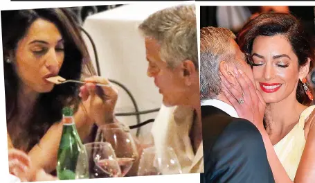  ??  ?? Taste this: George feeds Amal while eating out in Las Vegas Cheek to cheek: A smooch in Cannes