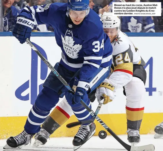  ?? PHOTO D’ARCHIVES, AFP ?? Blessé au haut du corps, Auston Matthews n’a plus joué depuis le match contre les Golden Knights du 6 novembre dernier.