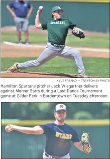  ?? KYLE FRANKO — TRENTONIAN PHOTO ?? Hamilton Spartans pitcher Jack Wiegartner delivers against Mercer Stars during a Last Dance Tournament game at Gilder Park in Bordentown on Tuesday afternoon.