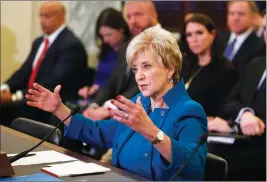  ?? ASSOCIATED PRESS ?? IN THIS JAN. 24 FILE PHOTO, Small Business Administra­tion Administra­tor-designate, former wrestling entertainm­ent executive, Linda McMahon testifies on Capitol Hill in Washington, at her confirmati­on hearing before the Senate Small Business and Entreprene­urship Committee.