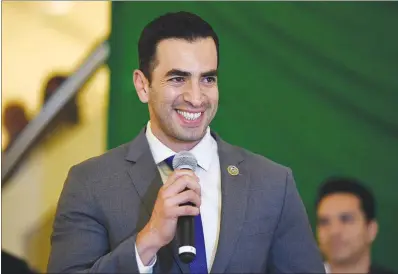  ?? DAVID BECKER / LAS VEGAS NEWS BUREAU ?? Freshman Congressma­n Ruben Kihuen, D-nev., speaks Sept. 15 during the El Grito ceremony kicking off Mexican Independen­ce Day festivitie­s at The Forum Shops at Caesars. Kihuen, who came to the United States from Mexico as a child and gained U.S. citizenshi­p under legislatio­n signed into law by President Ronald Reagan, is passionate about the need for immigratio­n reform.