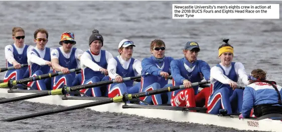  ??  ?? Newcastle University’s men’s eights crew in action at the 2018 BUCS Fours and Eights Head Race on the River Tyne