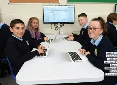  ?? Photos: Caroline Quinn ?? Second year students at Athy College enter feedback on digital placemats that the school designed and (below) deputy principal Sharon Coffey
