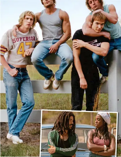  ?? ?? Tough love: Dickinson, Efron, Simons and Allen White as the Von Erichs in The Iron Claw. Right: Ben-Adir and Lynch in Bob Marley: One Love