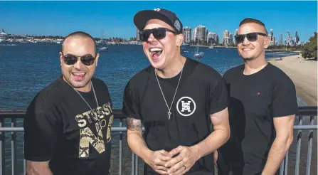  ?? Picture: JERAD WILLIAMS ?? Hilltop Hoods band members DJ Debris, Suffa and MC Pressure in Southport yesterday.