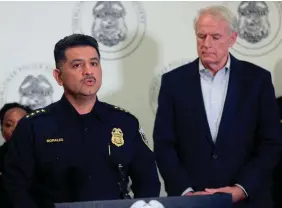  ?? ANGELA PETERSON/MILWAUKEE JOURNAL SENTINEL ?? Milwaukee Police Chief Alfonso Morales holds a news conference about the death of MPD emergency communicat­ions operator Deborah Harris, 62, who died when her car was struck by another car Monday morning. Also pictured is Milwaukee Mayor Tom Barrett.