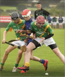  ??  ?? Gearóid Boland of Ballinastr­agh Gaels is squeezed out by Rathgarogu­e-Cushinstow­n’s Oisín Mac Eochaidh and Seán O’Neill.