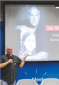  ?? (Marc Israel Sellem/The Jerusalem Post) ?? EYAL ESHEL speaks at the Women Leaders Summit after accepting the “Woman of Valor” award on behalf of his daughter, Sgt. Roni Eshel.